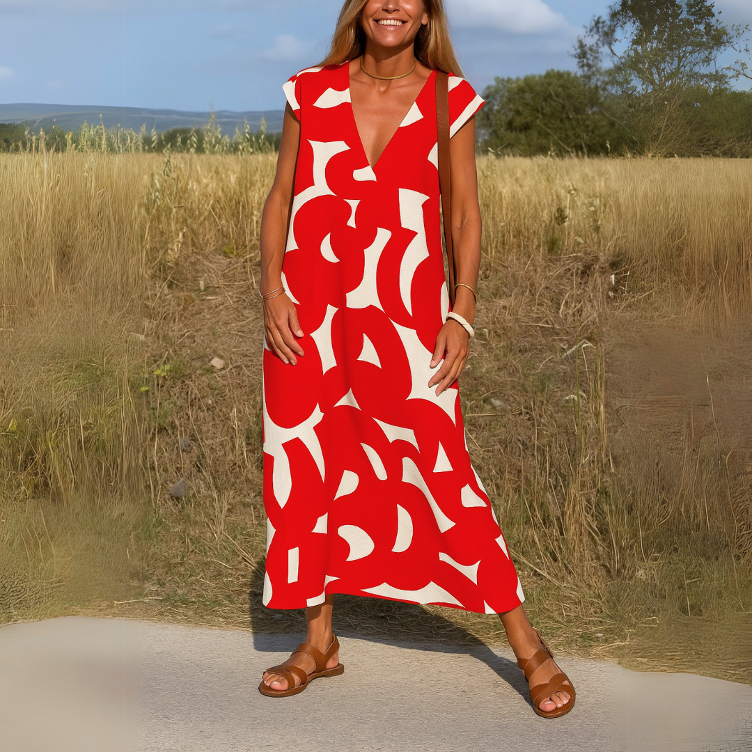 Women's Printed V-Neck Dress - Lightweight, Elegant & Versatile