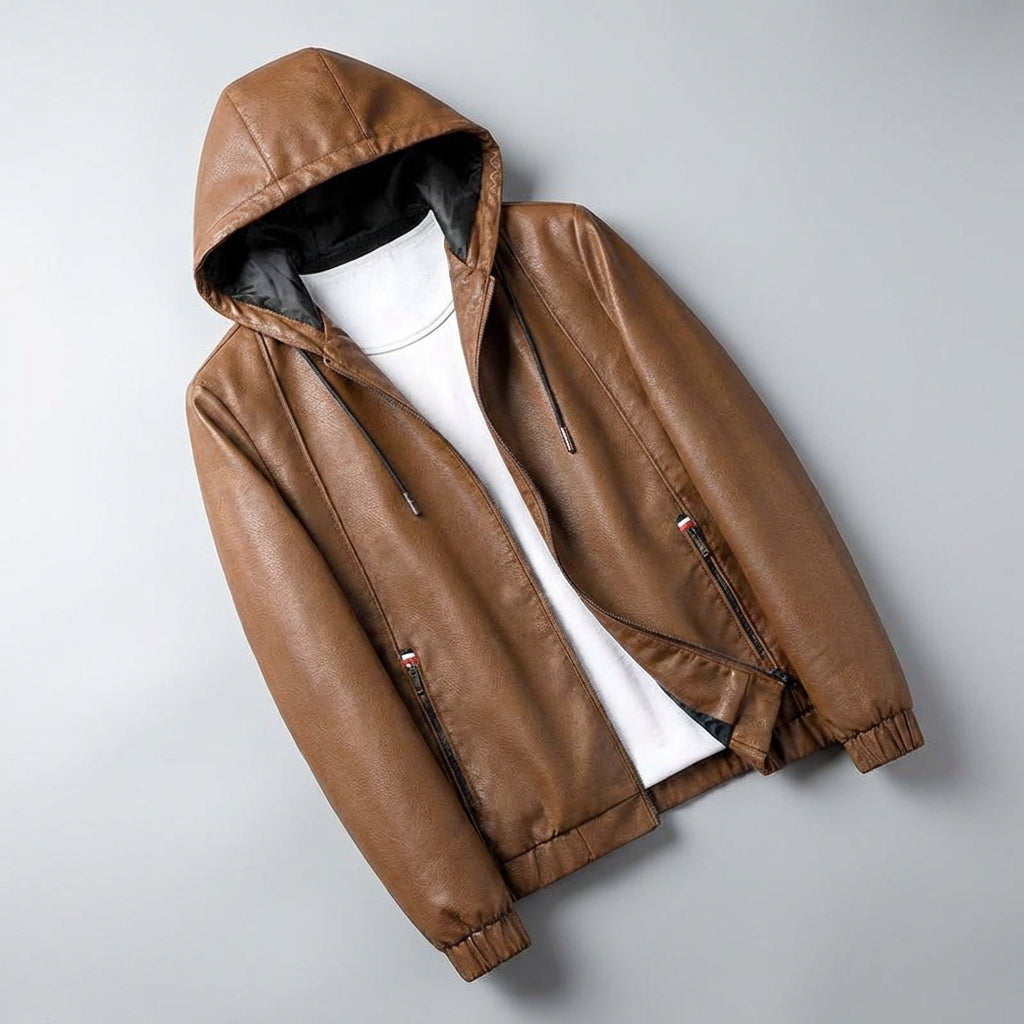 Men's Hooded Leather Jacket – Soft Stretch Casual Biker
