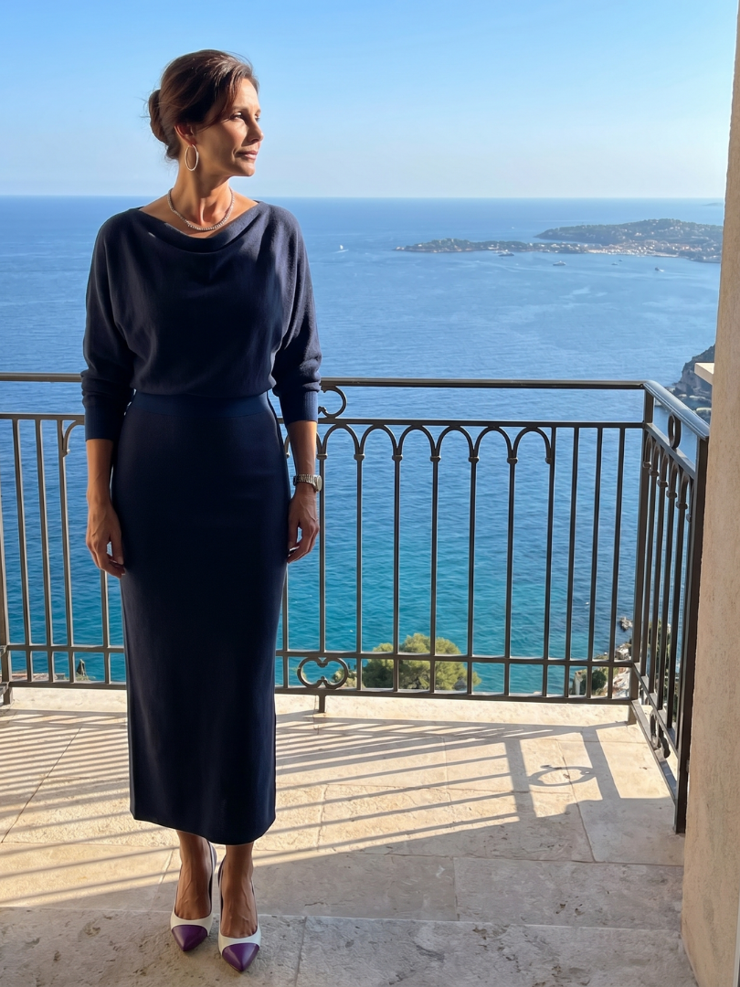 Women's Romy Draped Neckline Fitted Midi Dress - Classic Silhouette