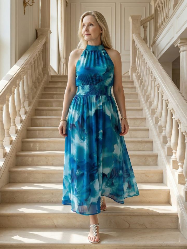 Women's Gathered Halter Midi Dress - Effortless Everyday