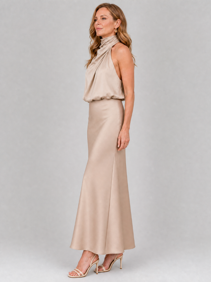 Women's Sleeveless Draped Neck Midi Dress - Effortless Day to Night