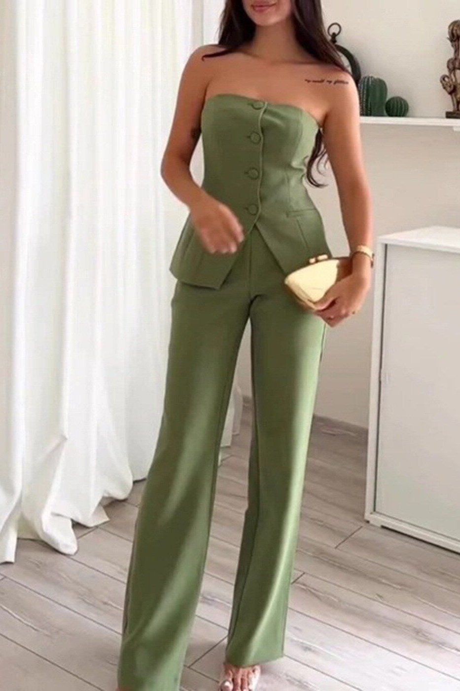 Women's Strapless Buttoned Two-Piece Set - Bold Statement Style