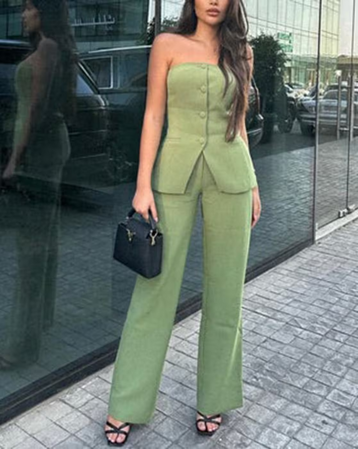 Women's Strapless Buttoned Two-Piece Set - Chic & Versatile