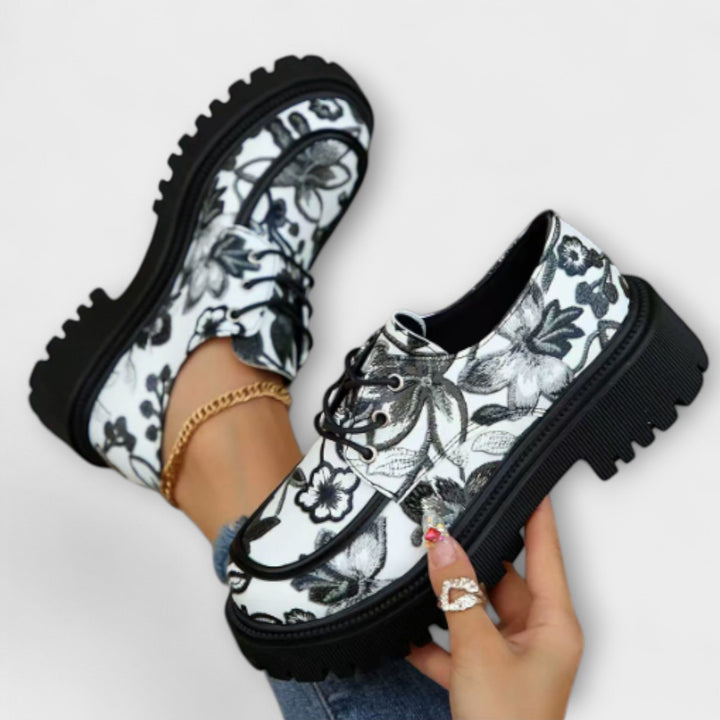 Women's Elegant Retro Loafers - Floral with Metallic Buckle