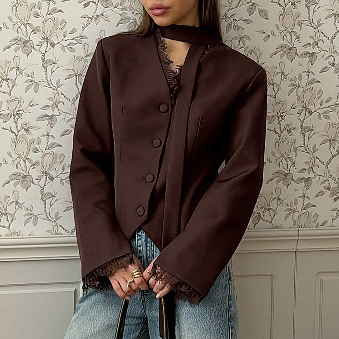 Brown Lace-Patchwork Blazer Commuter Suit