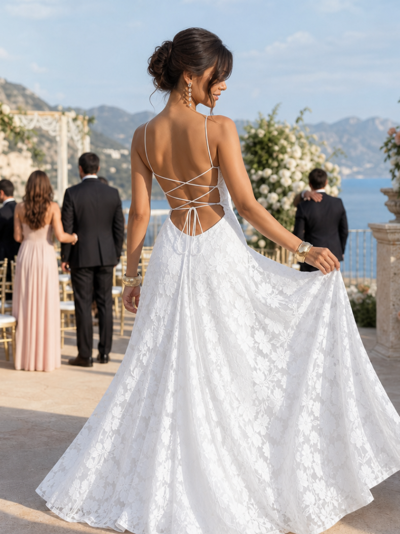 Women's Lace Spaghetti Strap Maxi Dress - Elegant Evening Fit