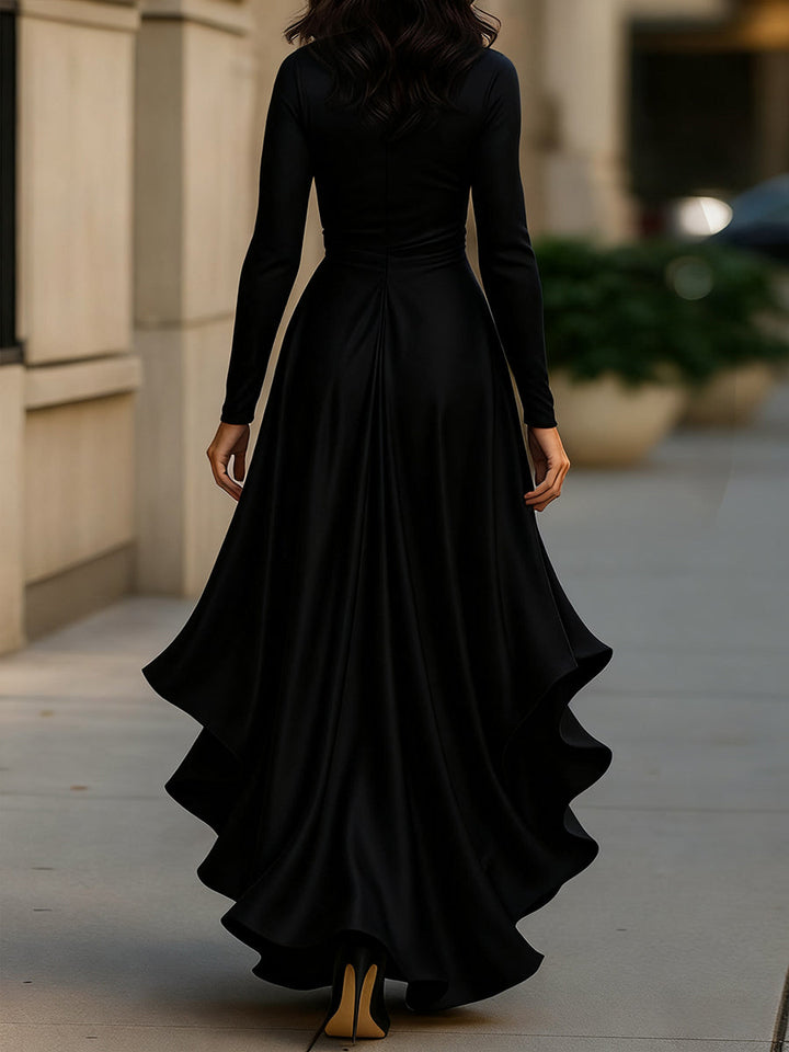 Women's Draped Satin Wrap Maxi Dress with Ruffles - Evening Elegance