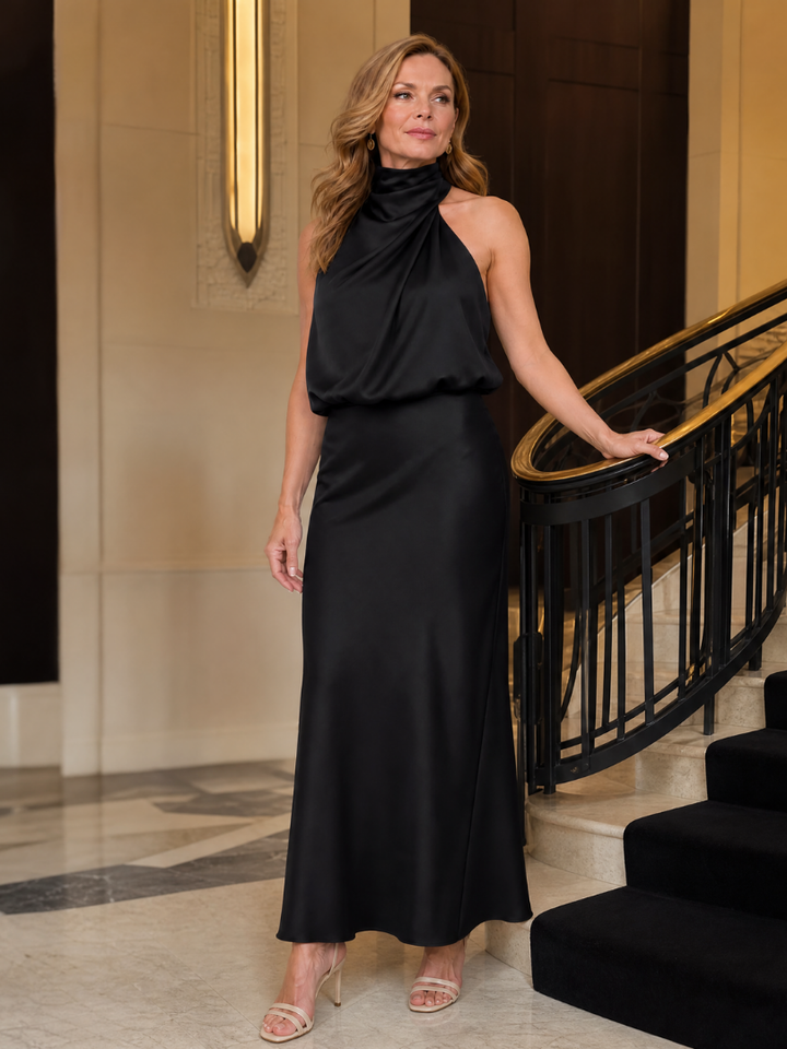 Women's Sleeveless Draped Neck Midi Dress - Effortless Day to Night