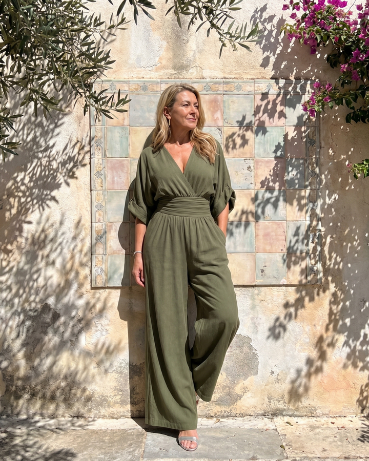 Women's Draped V Neck Wide Leg Relaxed Jumpsuit - Effortless Everyday
