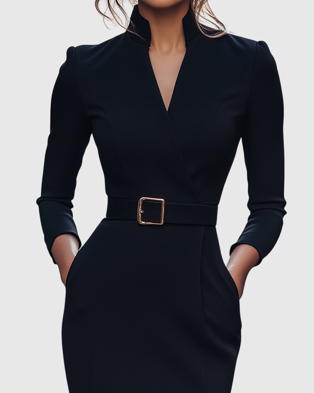 Women's Polyester Midi Dress - Mock Wrap & Belted Fit