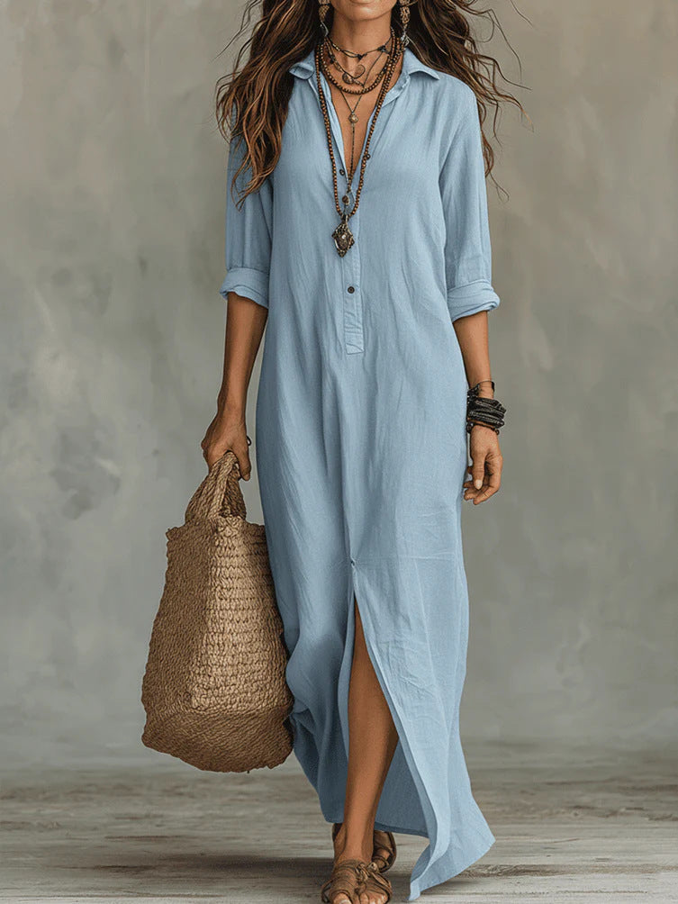 Women's Button-Front Maxi Dress - Flattering Silhouette for Everyday