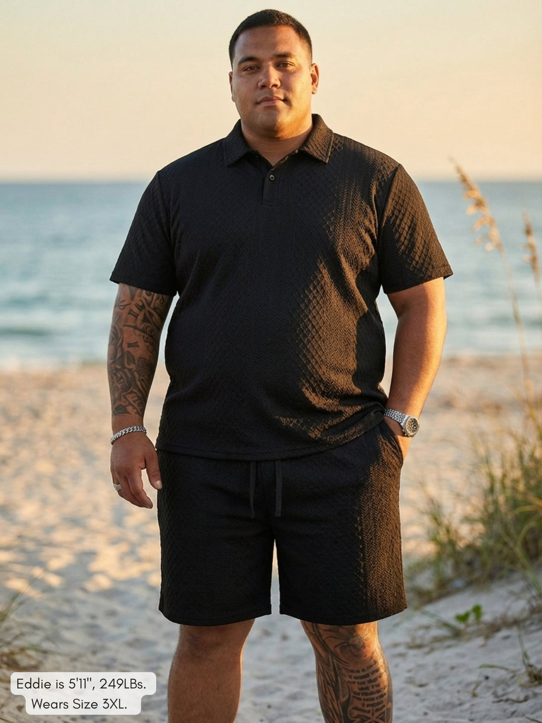 Men's Textured Knit Polo & Shorts Set – Smart Casual Summer Co-Ord
