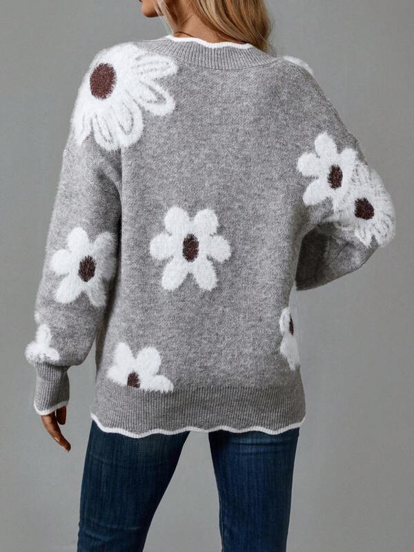 Women's Floral Knit V-Neck Sweater - Cozy Layering Essential