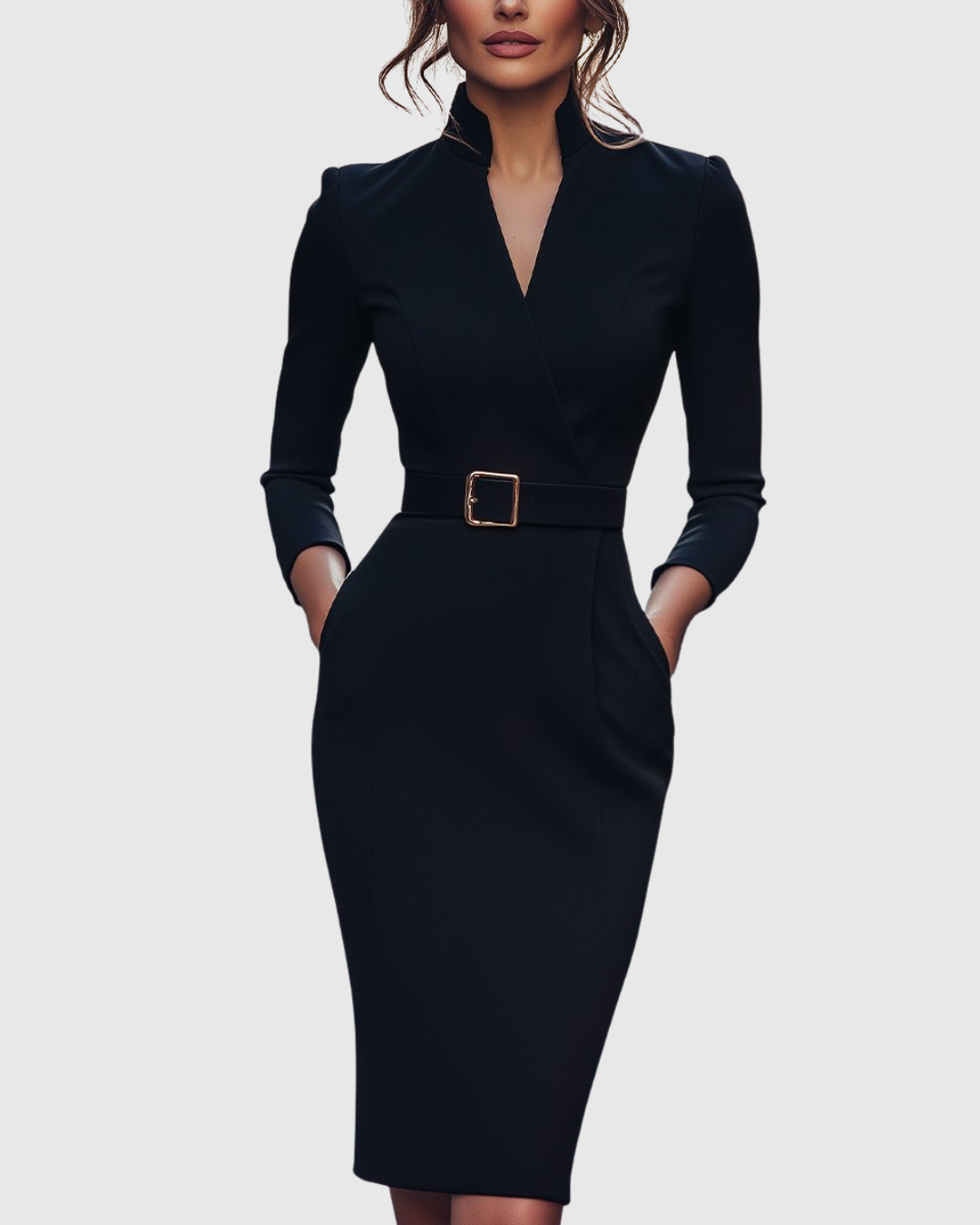 Women's Polyester Midi Dress - Mock Wrap & Belted Fit