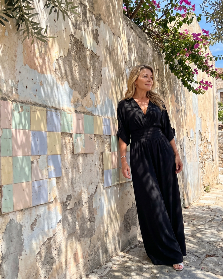 Women's Draped V Neck Wide Leg Relaxed Jumpsuit - Effortless Everyday