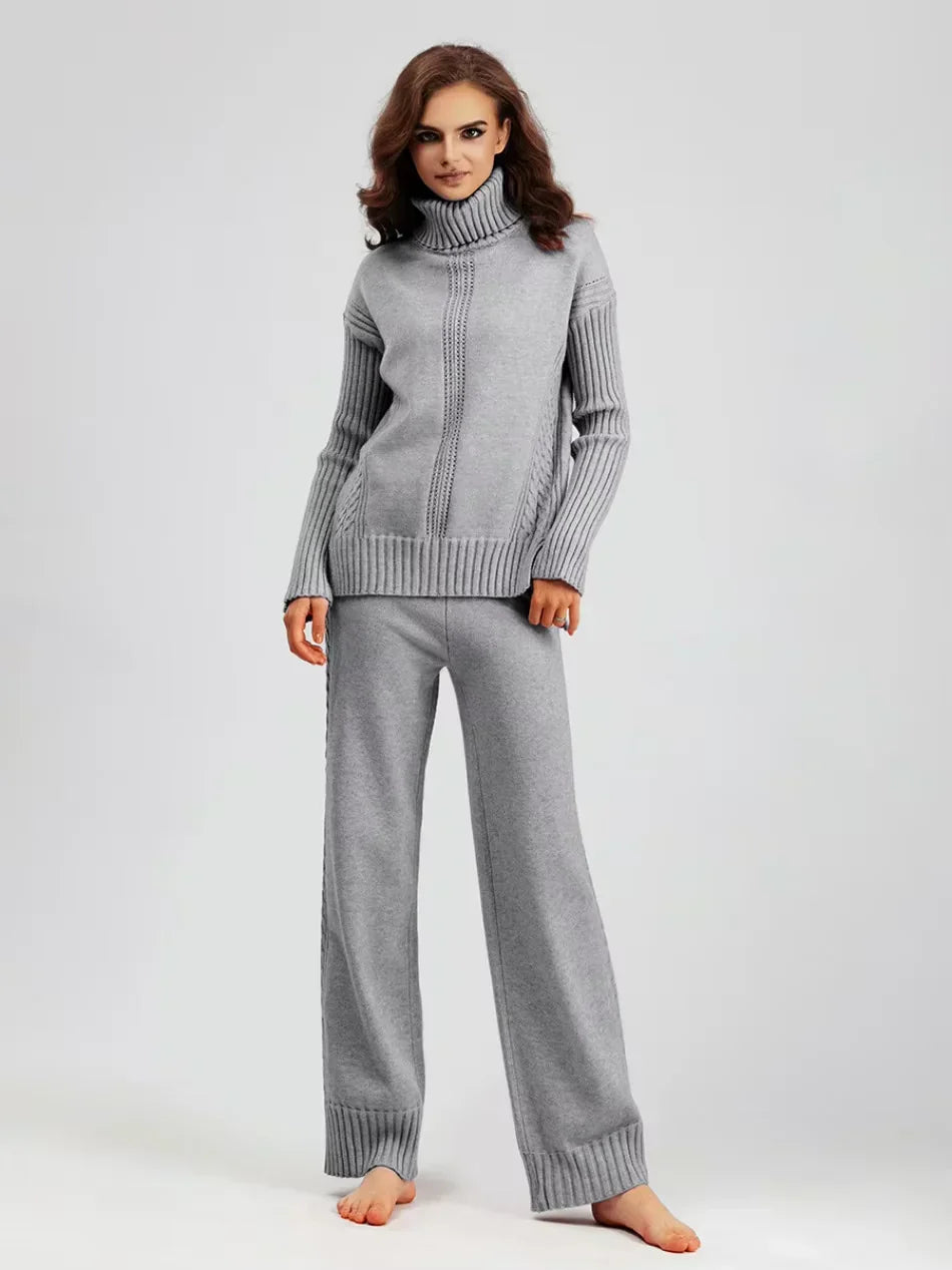 Women's Turtleneck Knit Sweater and Loose Pants Set - Cozy Casual