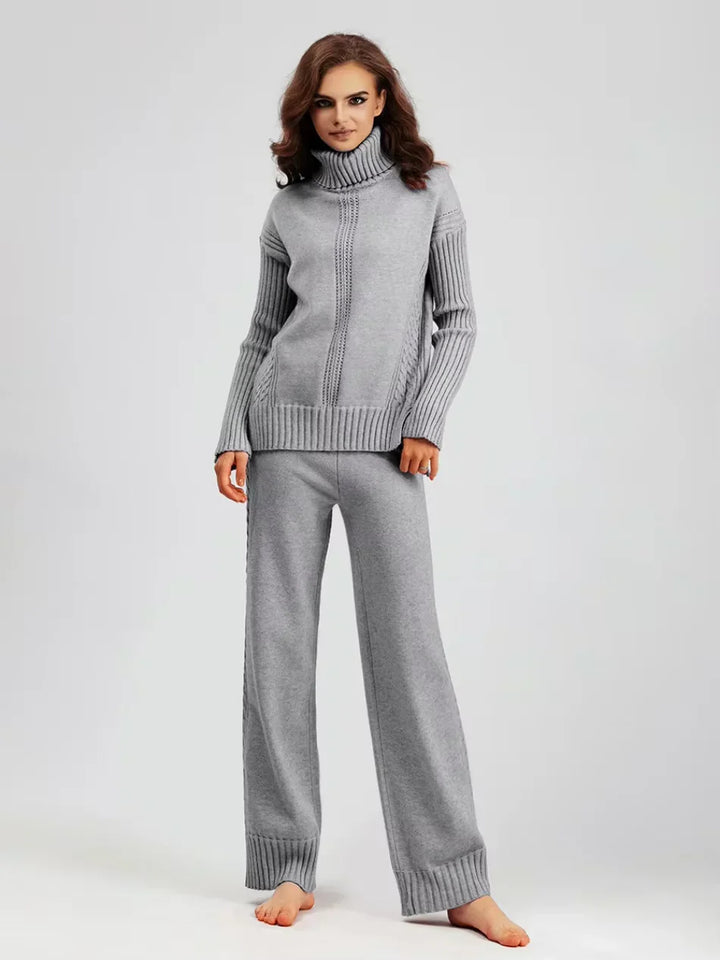 Women's Turtleneck Knit Sweater and Loose Pants Set - Cozy Casual