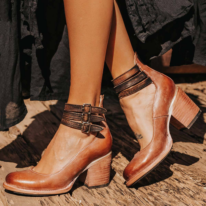 Women's Vintage Buckle-Strap Block Heels - Retro Charm & Comfort