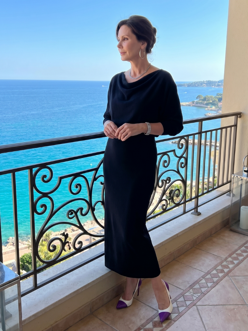 Women's Romy Draped Neckline Fitted Midi Dress - Classic Silhouette