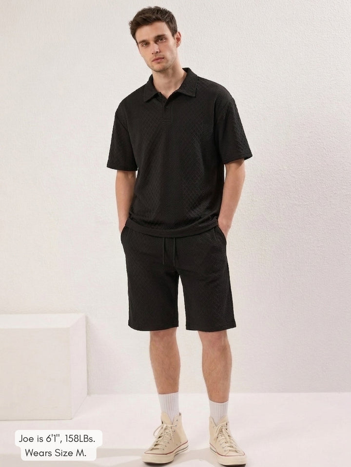 Men's Textured Knit Polo & Shorts Set – Smart Casual Summer Co-Ord