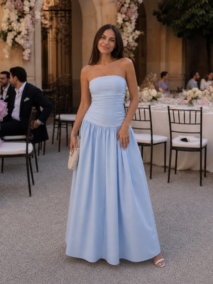Women's Strapless Ruched Bodice Midi Dress - Effortless Elegance