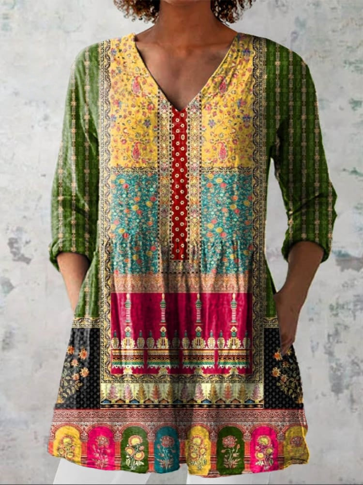 Women's Ethnic Floral V-Neck Shirt - Relaxed Artisan-Inspired Top