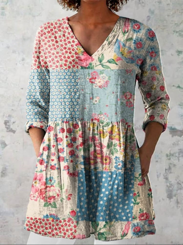 Women's Floral Patchwork V-Neck Blouse - Soft Drape & Vintage Charm