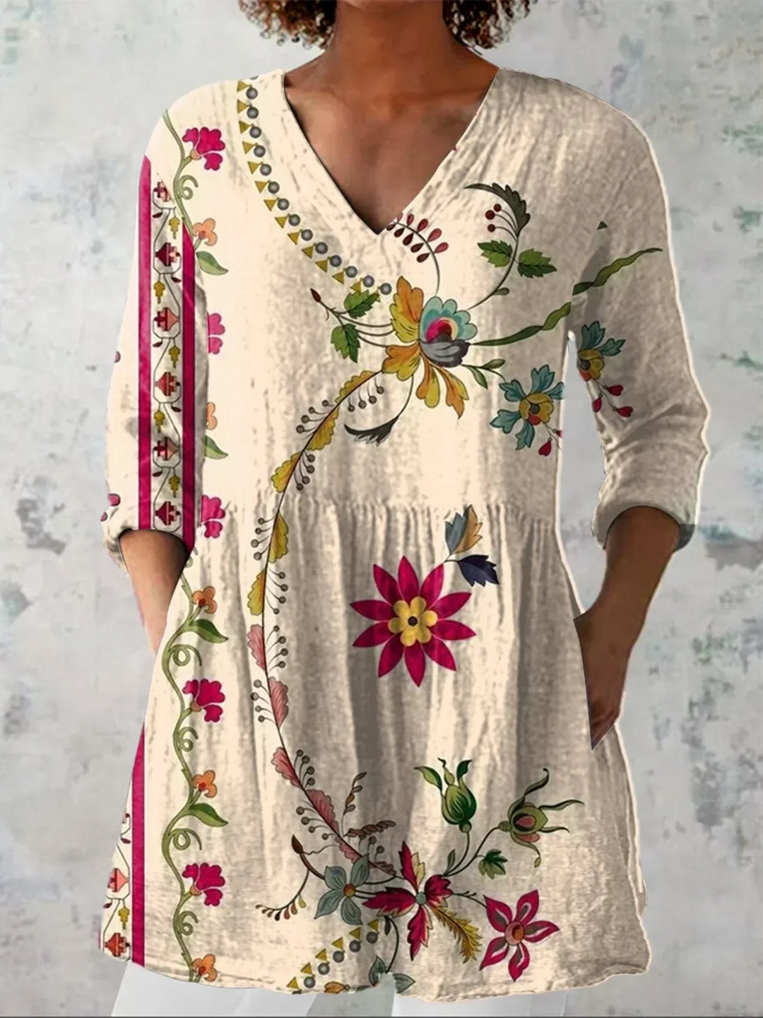 Women's Bohemian Floral V-Neck Shirt - Relaxed Boho Style