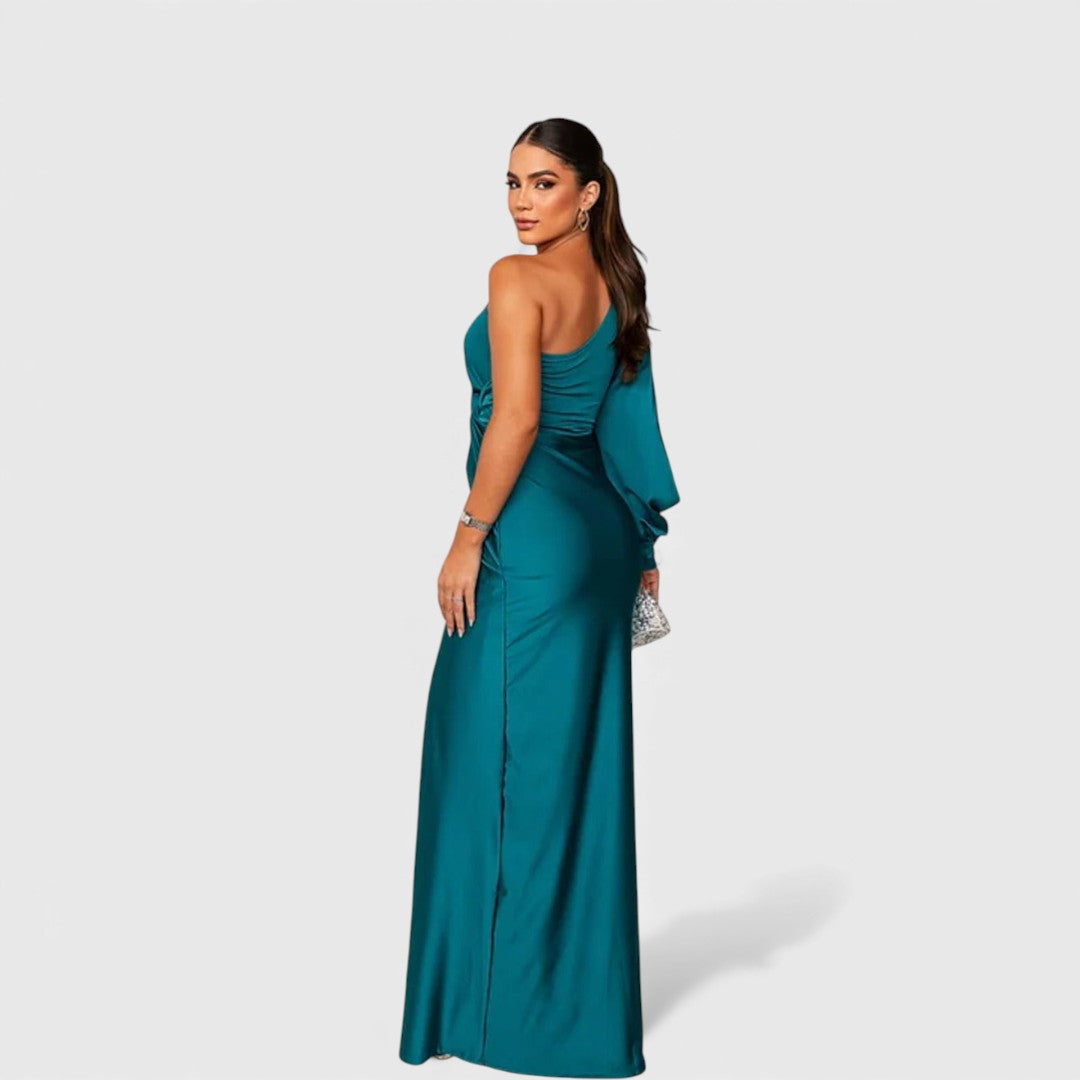 Women's Satin Asymmetric One-Shoulder Maxi Dress - Evening Elegance