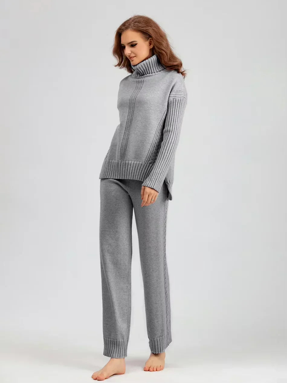 Women's Turtleneck Knit Sweater and Loose Pants Set - Cozy Casual