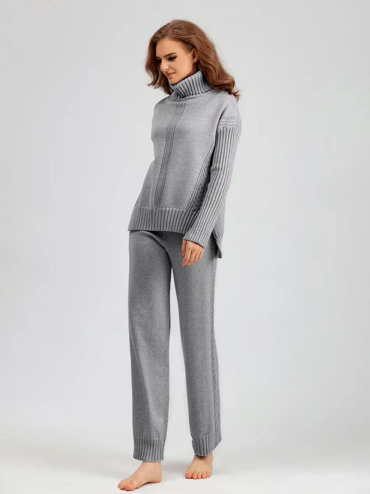 Women's Turtleneck Knit Sweater and Loose Pants Set - Cozy Casual