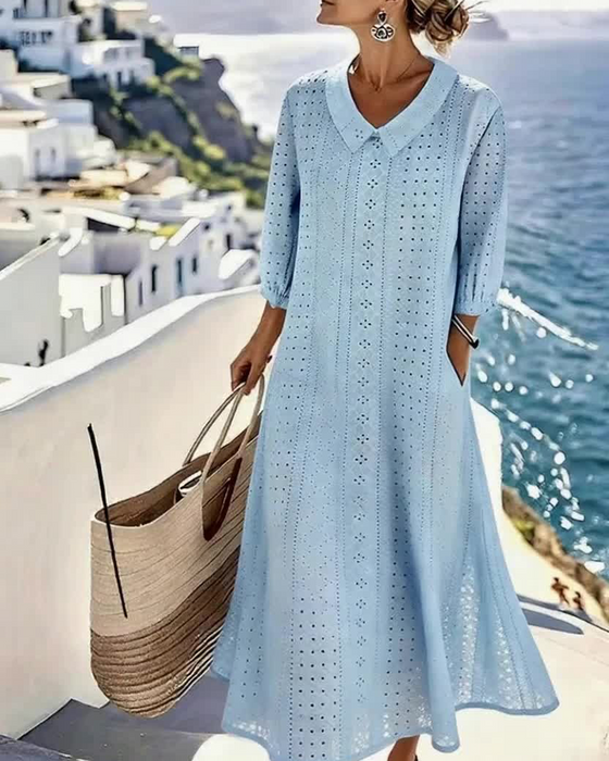 Women's Eyelet Midi Dress - Effortless Coastal Elegance