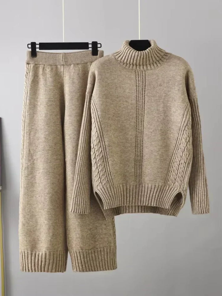 Women's Turtleneck Knit Sweater and Loose Pants Set - Cozy Casual