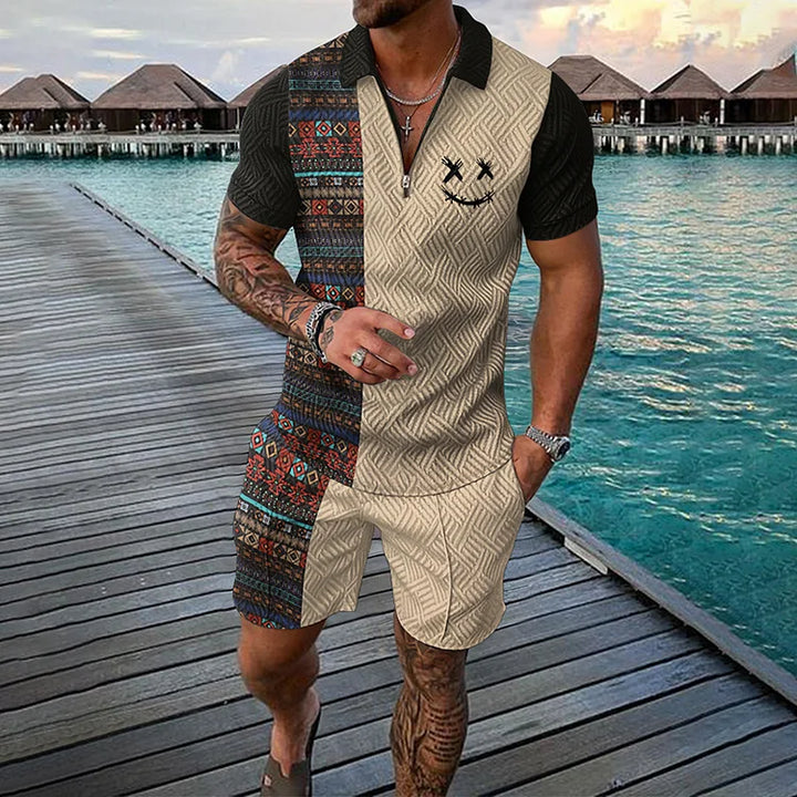 Men's Smiley Print Polo and Shorts Set - Summer Vacation Style