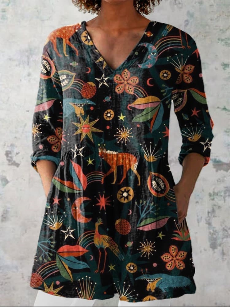 Women's V-Neck Blouse in Dark Woodland Print – Summer Refresh
