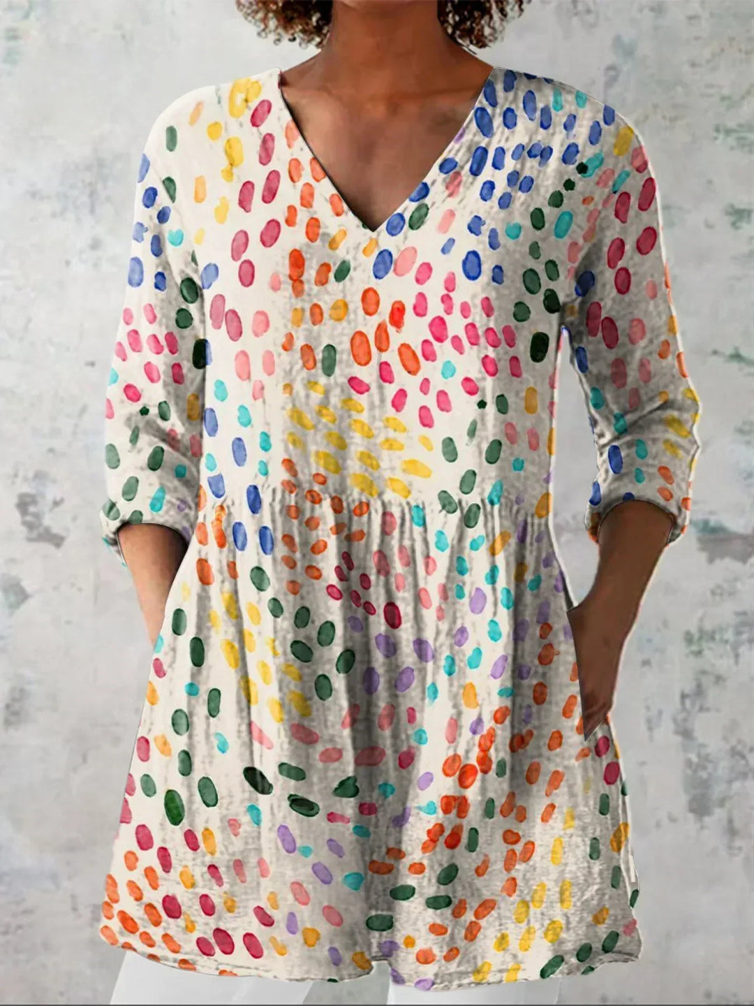 Women's Watercolor Polka Dot V-Neck Blouse - Playful Warm-Weather Top
