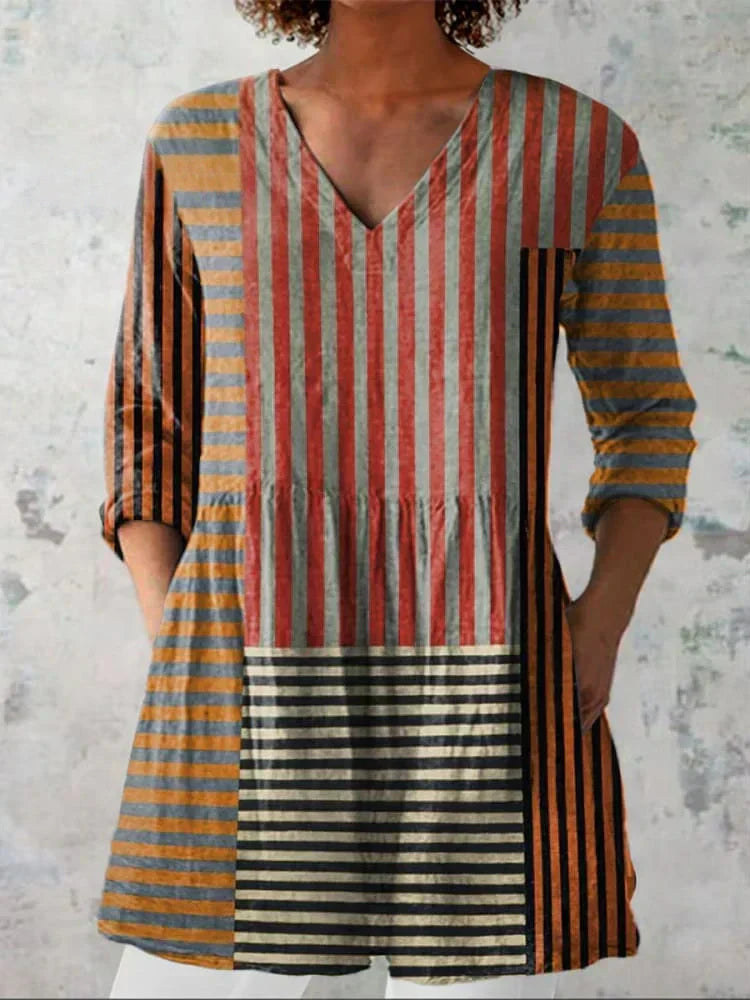 Women's Striped Patchwork V-Neck Shirt - Elongating Silhouette