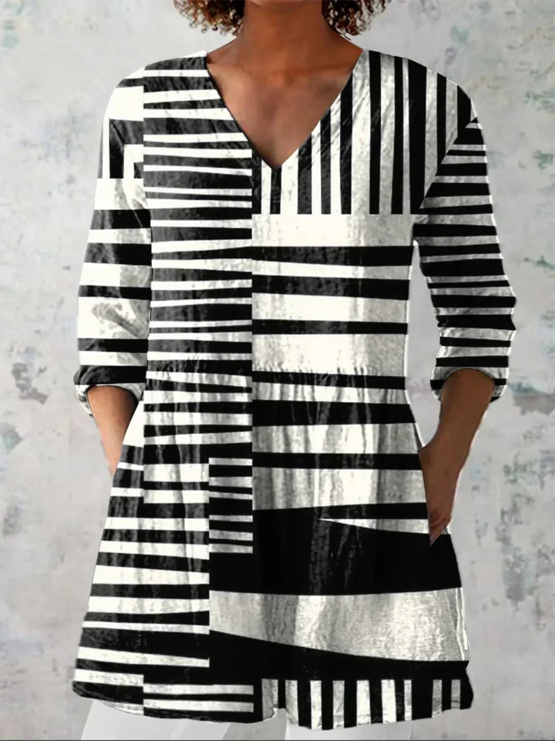 Women's Abstract Stripe V-Neck Shirt - An Artistic Alternative