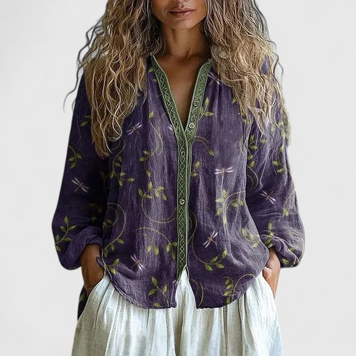Women's Retro Leaf Print Blouse - Everyday Comfort
