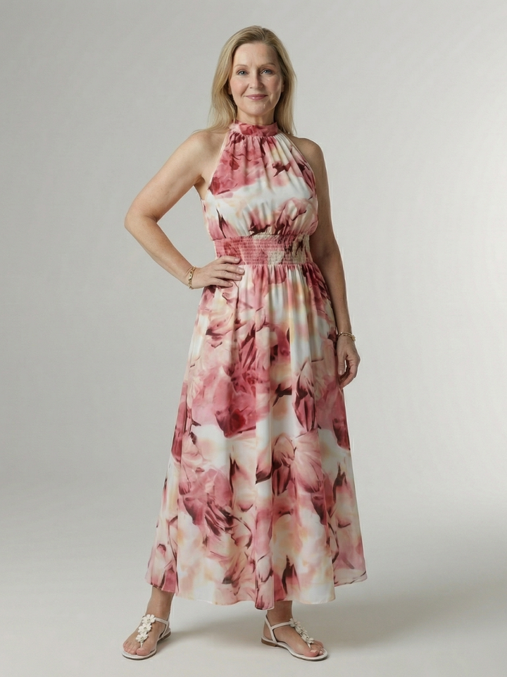 Women's Gathered Halter Midi Dress - Effortless Everyday