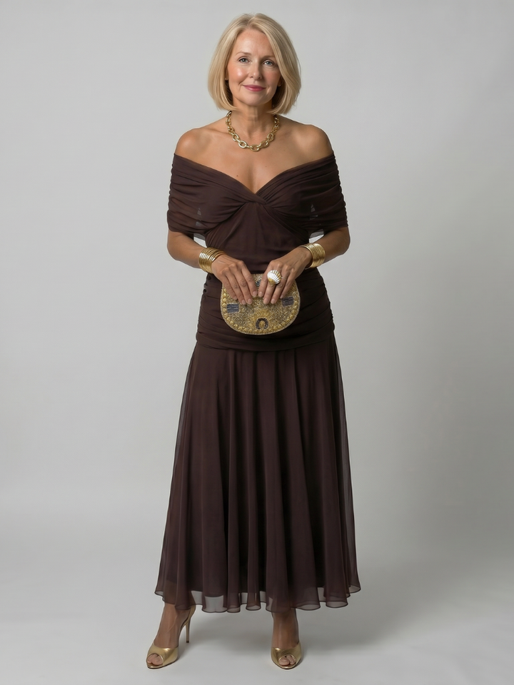 Women's Off-Shoulder Flow Midi Dress – Lightweight & Breezy