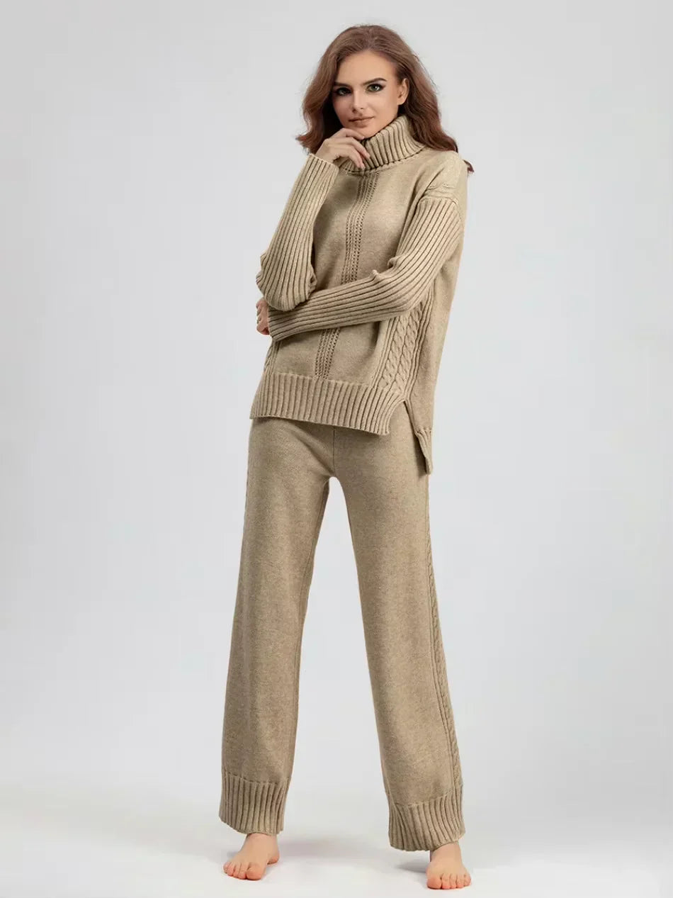 Women's Turtleneck Knit Sweater and Loose Pants Set - Cozy Casual