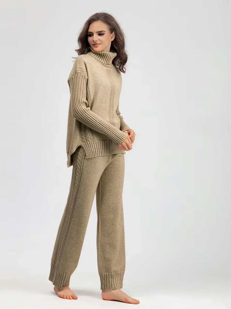 Women's Turtleneck Knit Sweater and Loose Pants Set - Cozy Casual