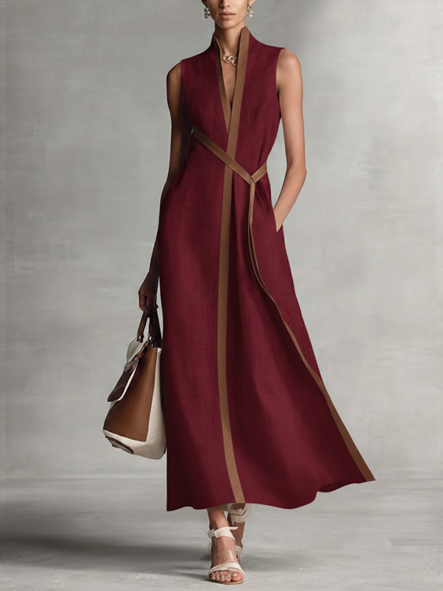 Women's Cotton And Linen Stand-up Collar Sleeveless Casual Loose Dress
