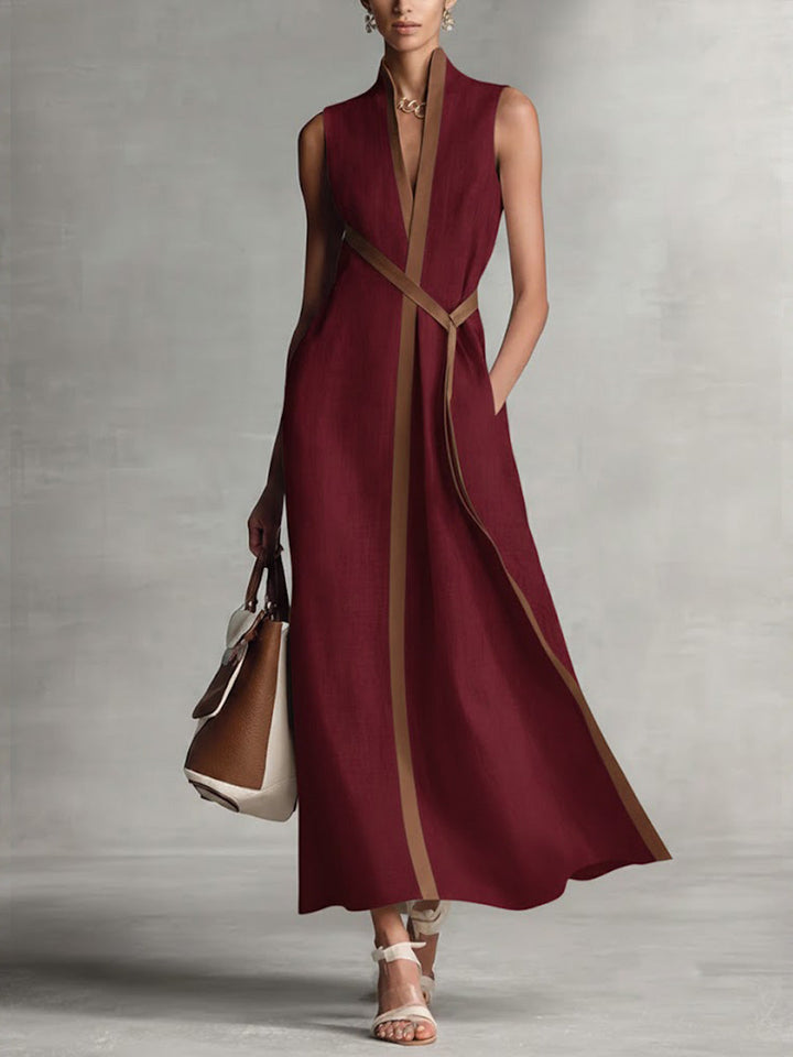 Women's Cotton And Linen Stand-up Collar Sleeveless Casual Loose Dress