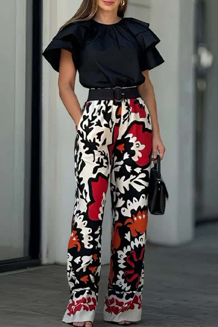 Women's Floral Print Ruffle Two-Piece Set - Effortless Everyday Style