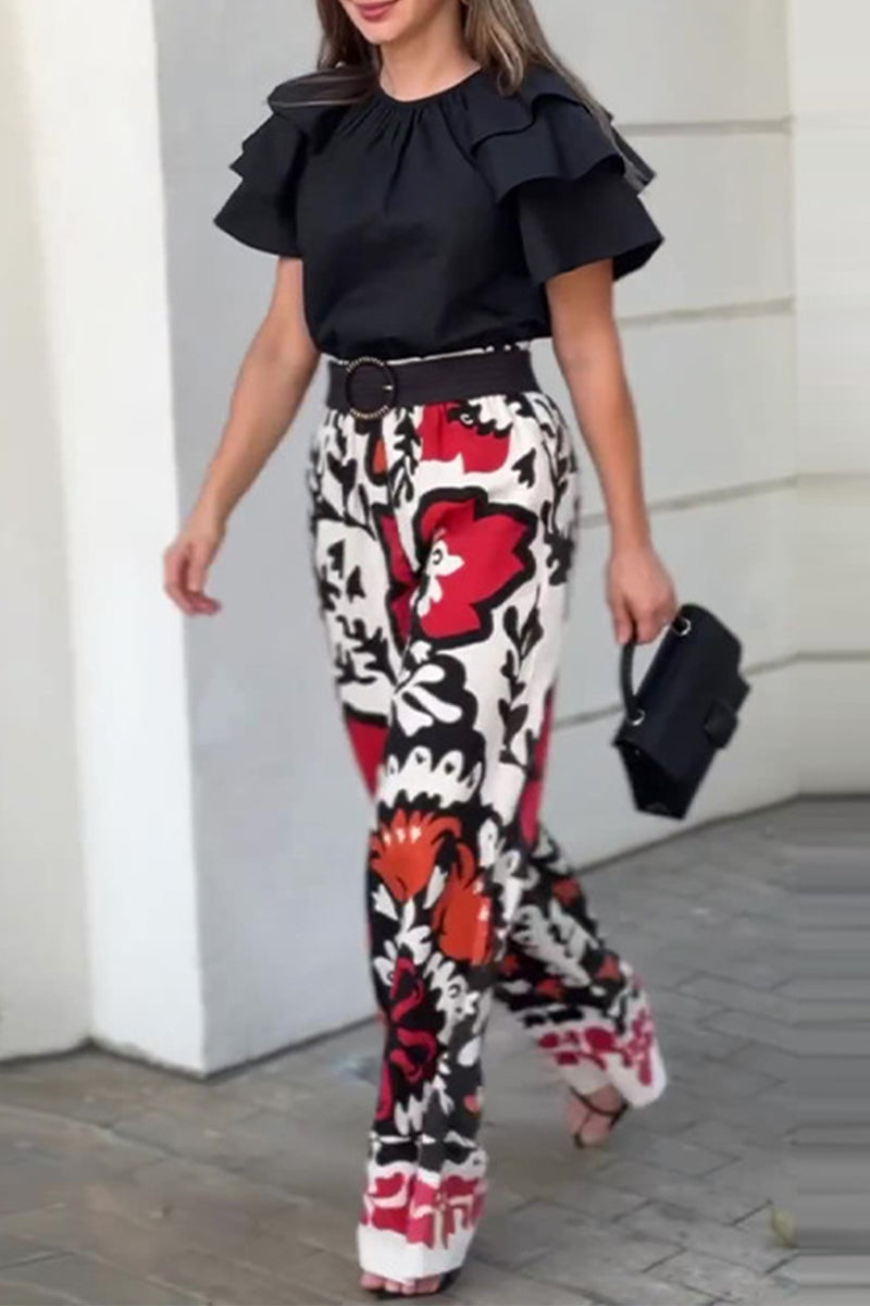 Women's Floral Print Ruffle Two-Piece Set - Effortless Everyday Style