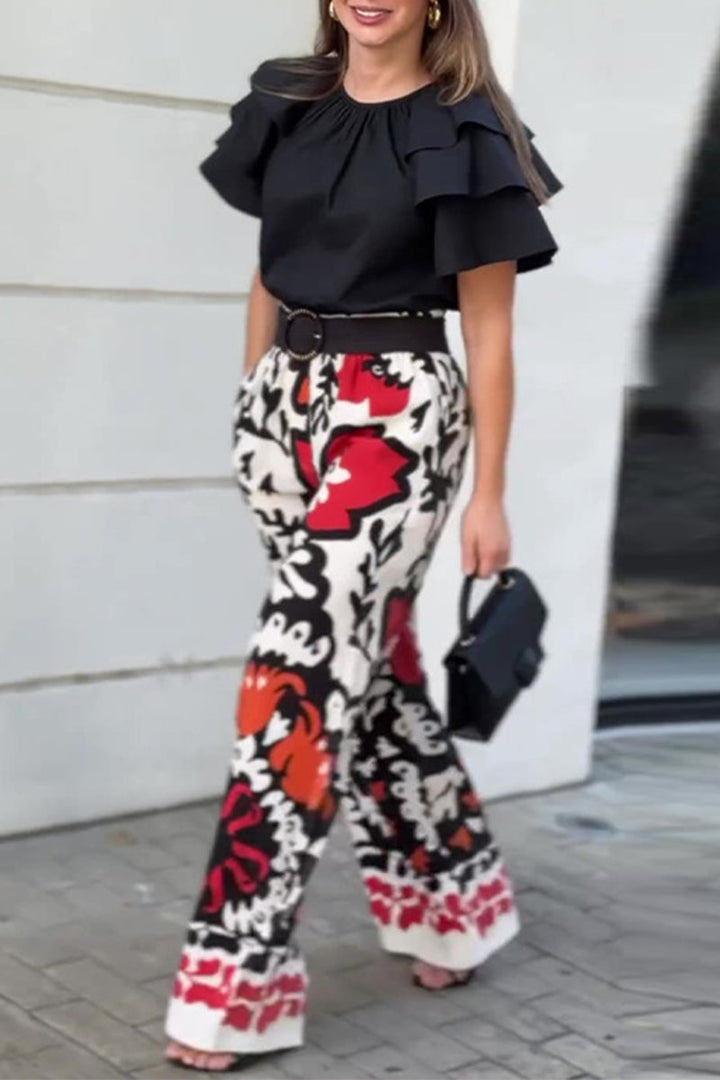 Women's Floral Print Ruffle Two-Piece Set - Effortless Everyday Style