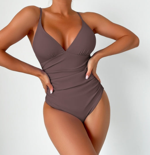 Women's Solid Deep V-Neck Swimsuit - Summer Essential