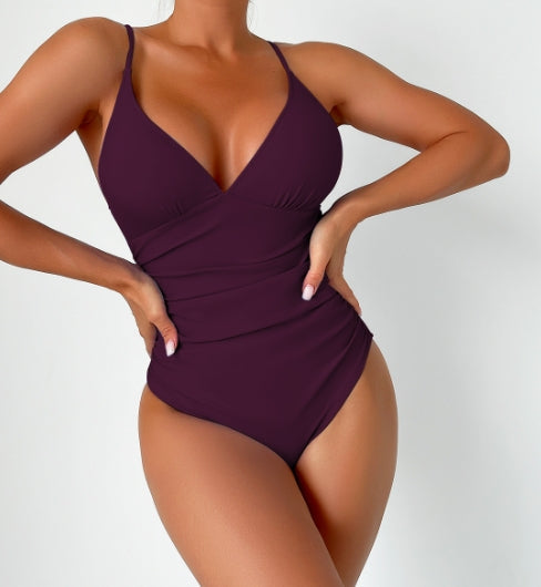 Women's Solid Deep V-Neck Swimsuit - Summer Essential